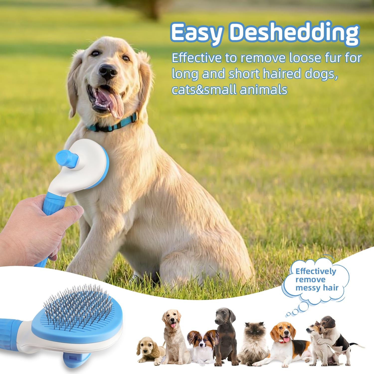 Slicker Dog Brush for Shedding,Self Cleaning Cat Brush,Skin Friendly Cat Brushes for Indoor Cats Massage Grooming,Dog Deshedding Brush for Long&Short Haired Dogs Loose Fur Hair Removal Blue