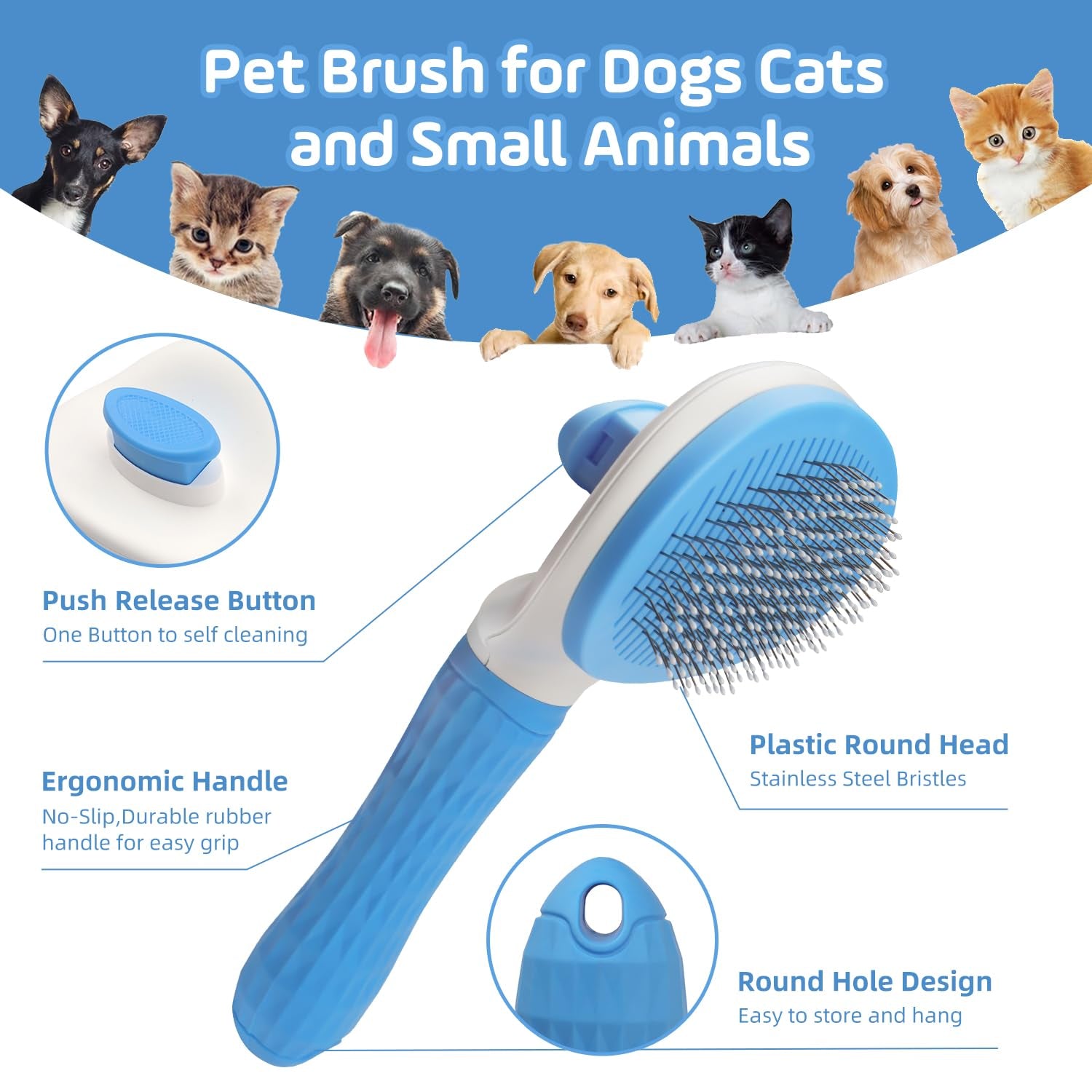 Slicker Dog Brush for Shedding,Self Cleaning Cat Brush,Skin Friendly Cat Brushes for Indoor Cats Massage Grooming,Dog Deshedding Brush for Long&Short Haired Dogs Loose Fur Hair Removal Blue